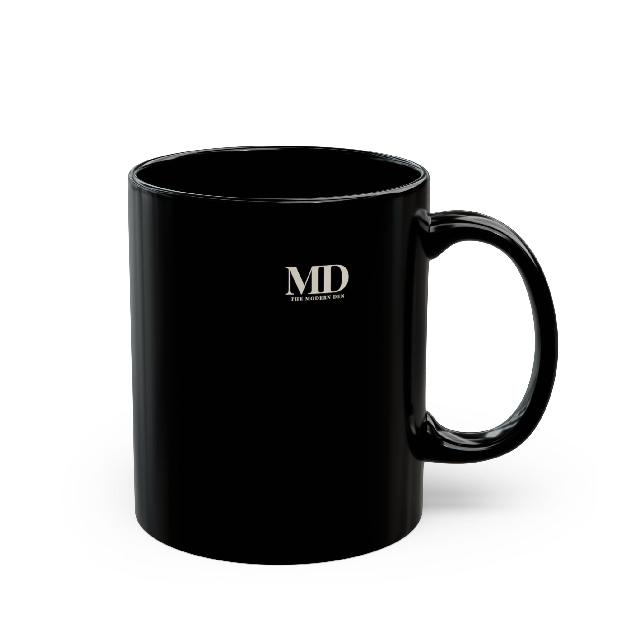 Black mug with 'MD' logo on a white background