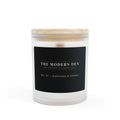 Candle with a wooden lid and black label on a white background
