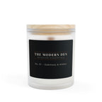 Candle with a wooden lid and black label on a white background