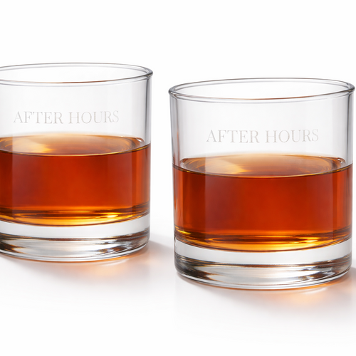 Two glasses of 'After Hours' whiskey on a white background