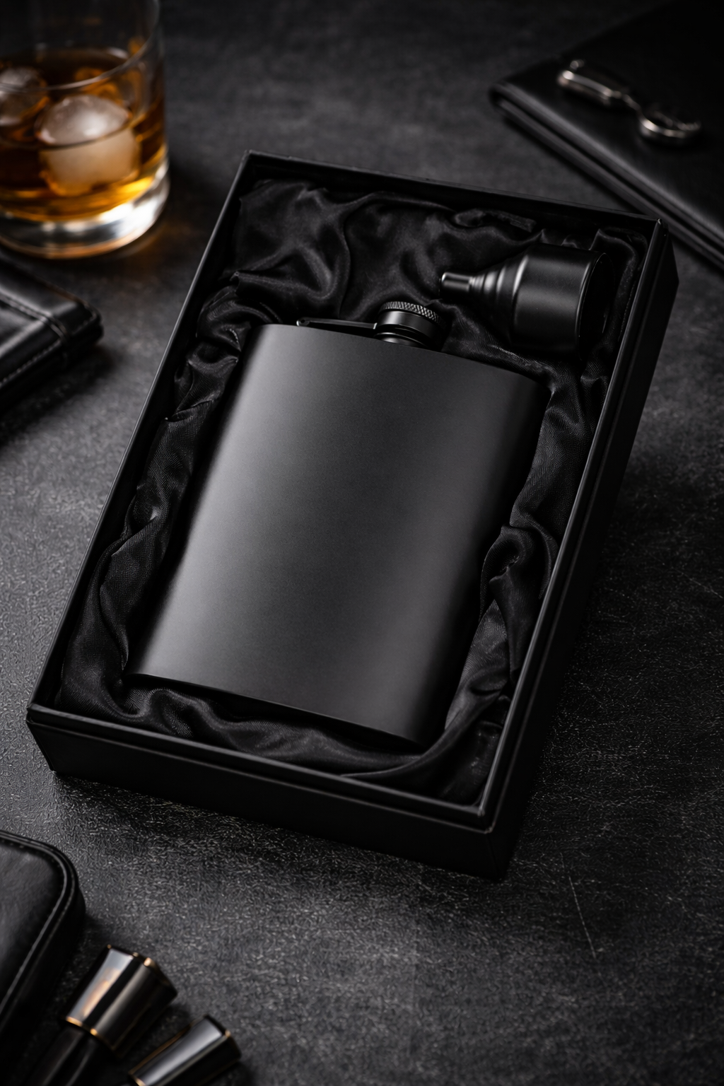 Black hip flask in a box on a dark surface with a glass of whiskey.